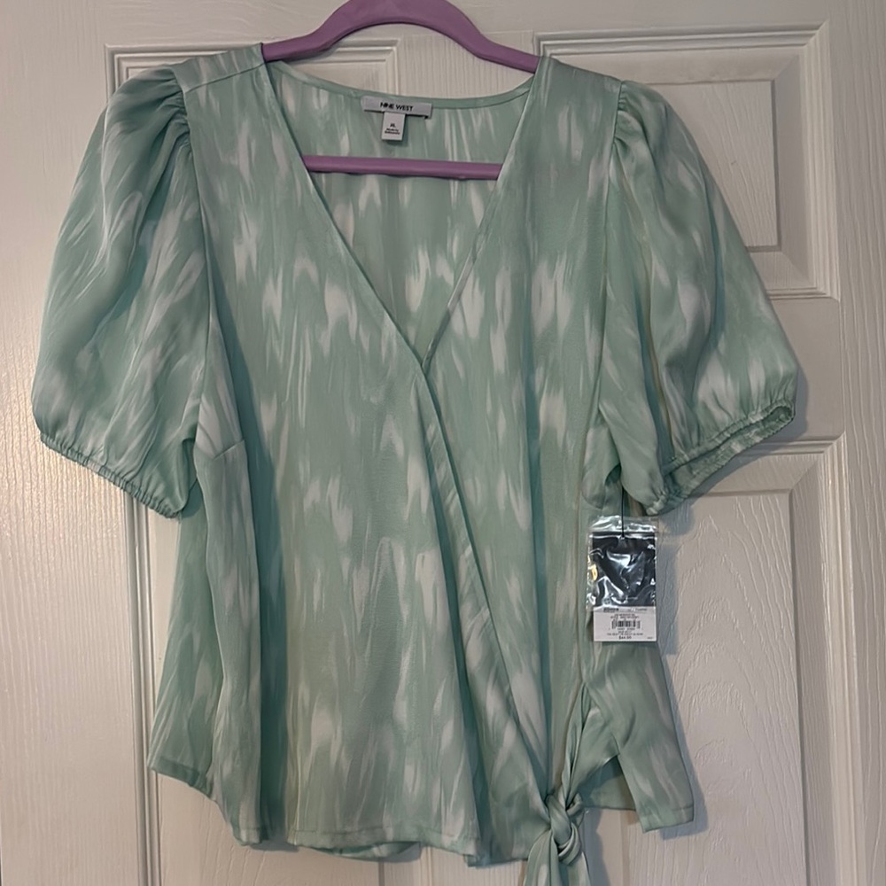 Nine West Green Wrap Tie Front Puff Sleeve Blouse